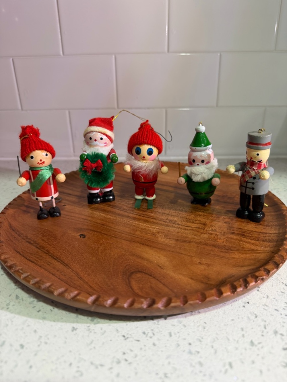 Vintage Festive Wooden Holiday Figurine Ornaments Set - Red & Green